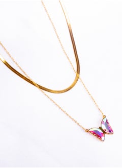 The Black Pearl Accessories Stainless Steel Necklace 2 Layers skin Back with a Colorful Butterfly Pendant  - Image 3