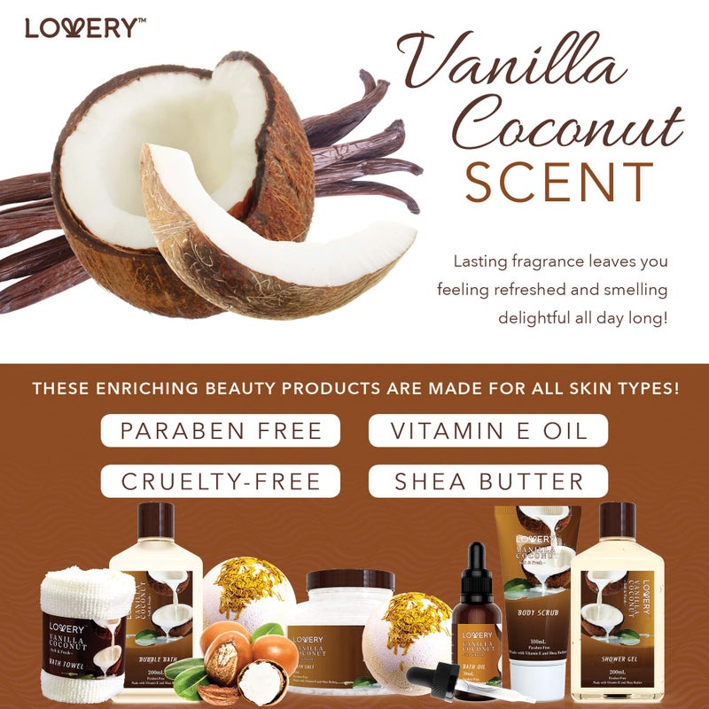 LOVERY Bath and Body Gift Basket For Women and Men – 9 Piece Set of Vanilla Coconut Home Spa Set, Includes Fragrant Lotions, Extra Large Bath Bombs, Coconut Oil, Luxurious Bath Towel & More  - Image 4