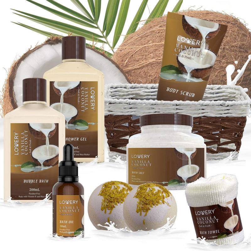LOVERY Bath and Body Gift Basket For Women and Men – 9 Piece Set of Vanilla Coconut Home Spa Set, Includes Fragrant Lotions, Extra Large Bath Bombs, Coconut Oil, Luxurious Bath Towel & More  - Image 5