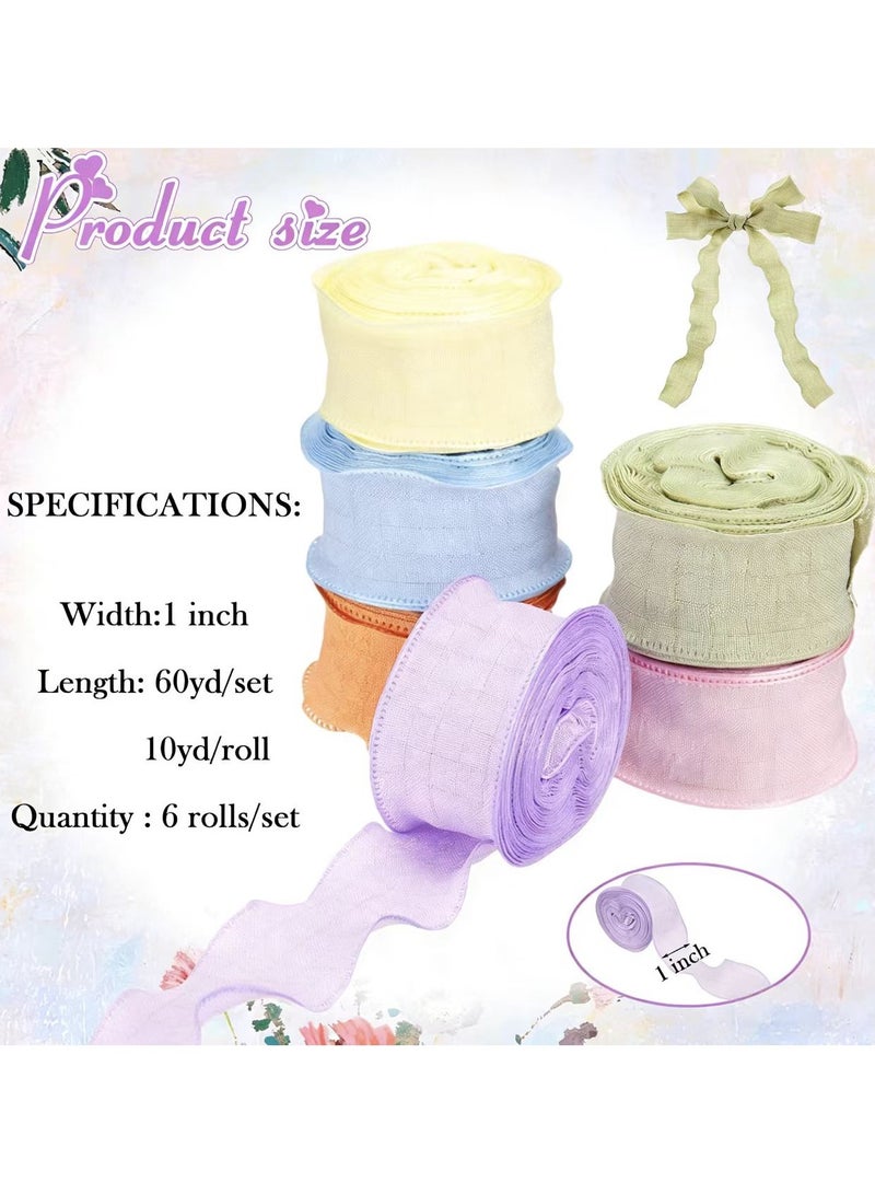 6 Rolls of Double-Sided Satin Ribbon,1 inch x 10 yards (Total 60 yards),Polyester Crinkle Ribbon for DIY Crafts,Bows,Gift Wrapping,Frayed Edge Linen Wave Ribbons for Bouquets,Cake Decor,Flower Packaging - Image 2