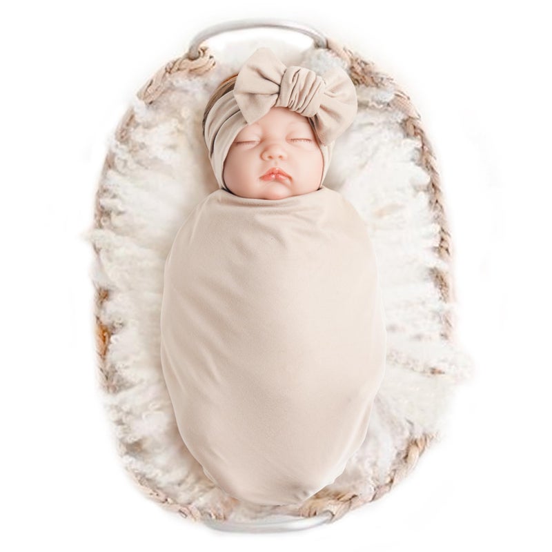 Konssy Baby Girl Newborn Receiving Blanket with Headband Set Baby Swaddle Nursery Swaddle Wrap - Image 1