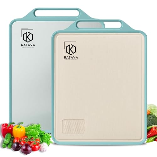 RATAVA Dual-Sided Chopping Board Set – Large Stainless Steel & Wheat Straw Cutting Board for Kitchen, Non-Slip, Food Grade, BPA Free, Dishwasher Safe for Vegetables, Fruits & Meat 1PC (41 * 31 cm) - Image 1