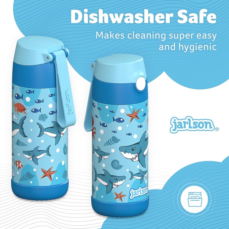 Jarlson جارلسون - قارورة مياه أطفال فولاذية مقاومة للصدأ – 350 مل – خالية من BPA – مع قشة – للمدرسة والرياضة ورياض الأطفال (قرش، 350 مل) - Image 4