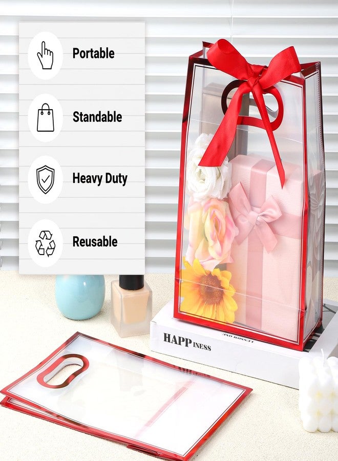 Exclaith 2 Pack Transparent Gift Bags with Red Bow, Clear Plastic Gift Bags with Handles 12.2 x 5.1 x 9.8 Inch Reusable Favor Bag with Ribbon for Wedding Bridal Birthday Party(Red) - Image 4