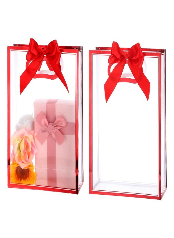 Exclaith 2 Pack Transparent Gift Bags with Red Bow, Clear Plastic Gift Bags with Handles 12.2 x 5.1 x 9.8 Inch Reusable Favor Bag with Ribbon for Wedding Bridal Birthday Party(Red) - Image 1