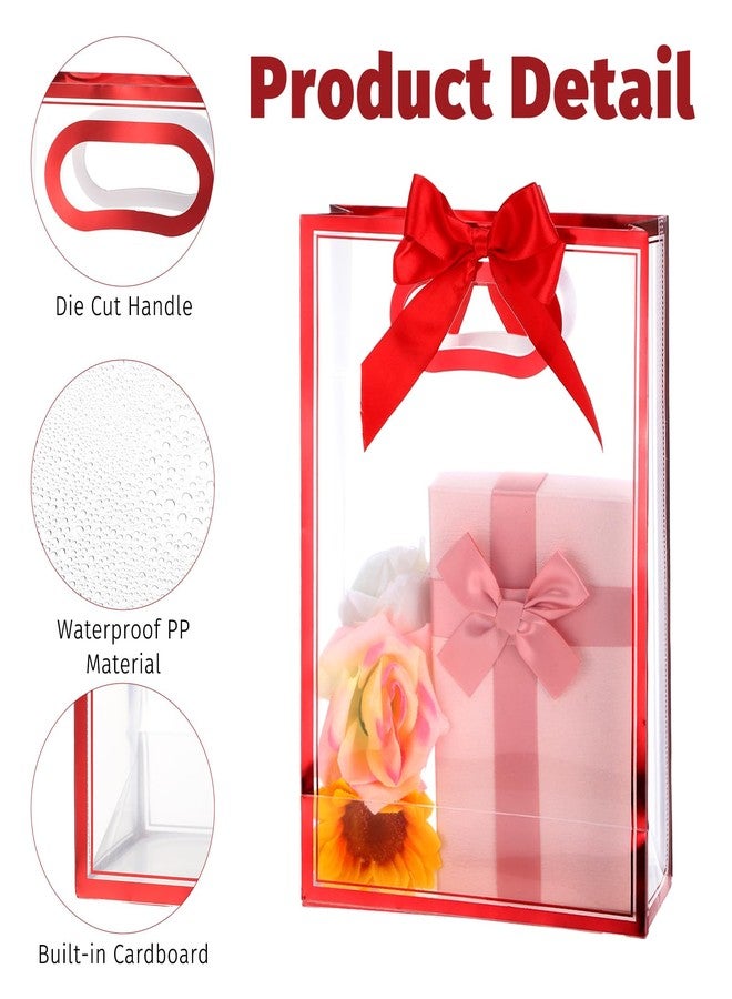 Exclaith 2 Pack Transparent Gift Bags with Red Bow, Clear Plastic Gift Bags with Handles 12.2 x 5.1 x 9.8 Inch Reusable Favor Bag with Ribbon for Wedding Bridal Birthday Party(Red) - Image 3