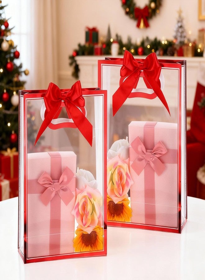 Exclaith 2 Pack Transparent Gift Bags with Red Bow, Clear Plastic Gift Bags with Handles 12.2 x 5.1 x 9.8 Inch Reusable Favor Bag with Ribbon for Wedding Bridal Birthday Party(Red) - Image 5