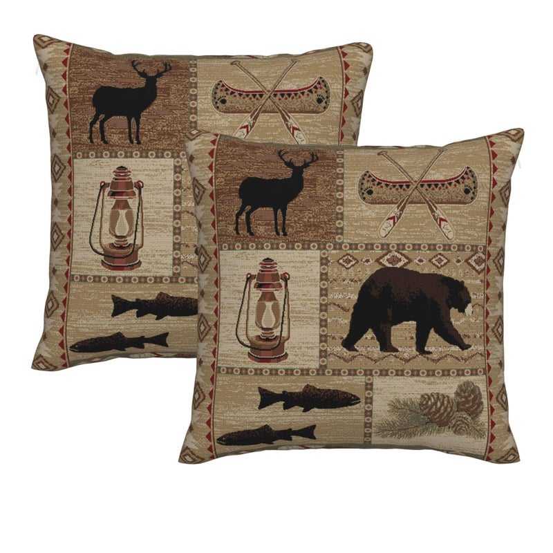 DATANSEN Set of 2 Square 18x18 inch Retro Brown Throw Pillow Covers Rustic Lodge Decorative Throw Pillowcase for Home Sofa Thick Cotton Linen Cushion Cases (45x45 cm) Oil Lantern - Image 1