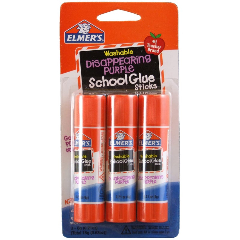 Elmer's Washable Dissappearing Purple School Glue Sticks, 3 Pack, 6 grams Each (E520) - Image 1
