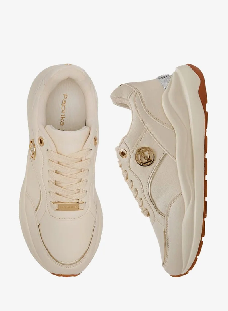 Paprika BEIGE Women Panelled Sneakers with Metal Accent and Lace-Up Closure for Women | Best Price UAE