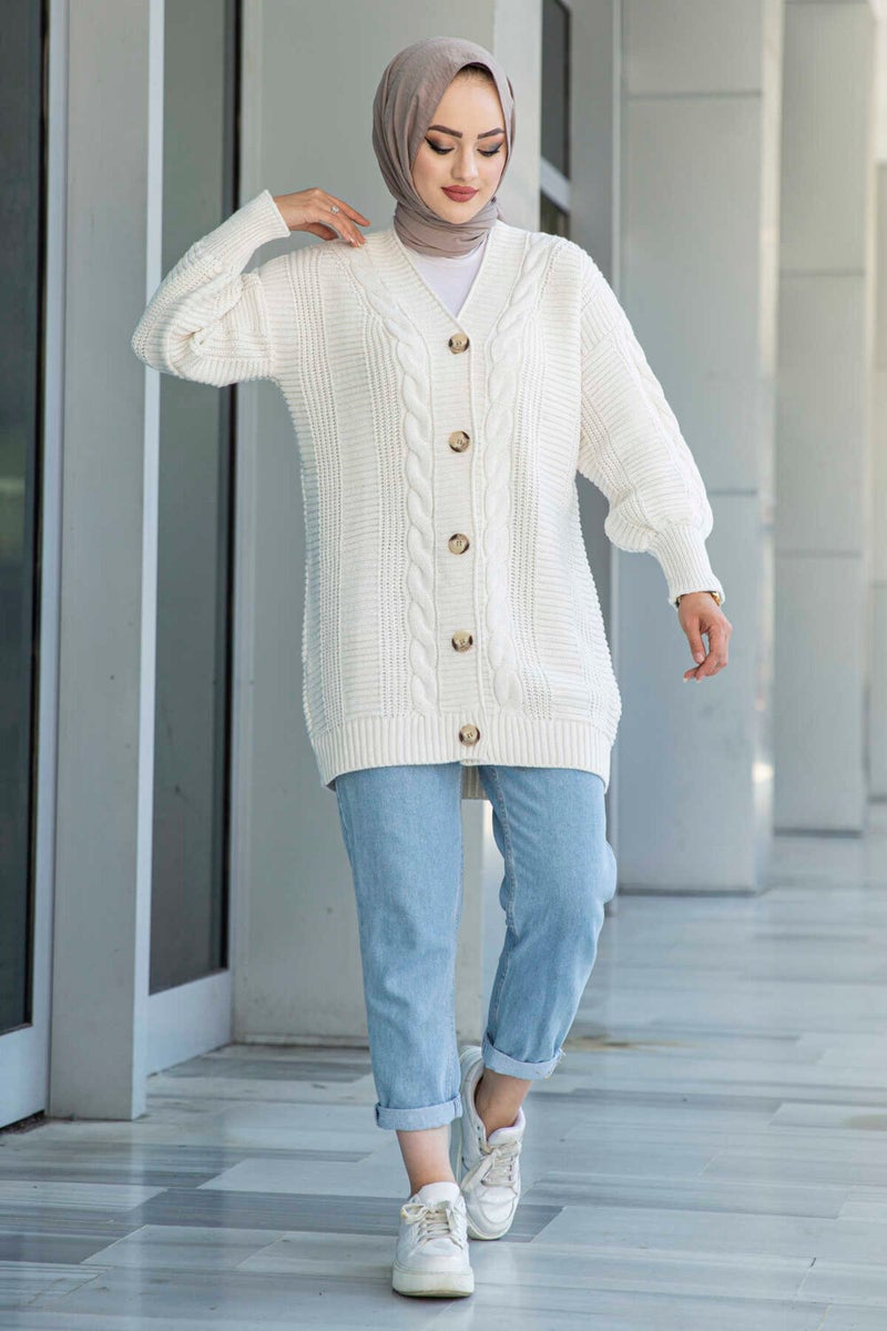 Lugmo Women's Knitwear 5 Button Knitted Cardigan Ecru  - Image 1