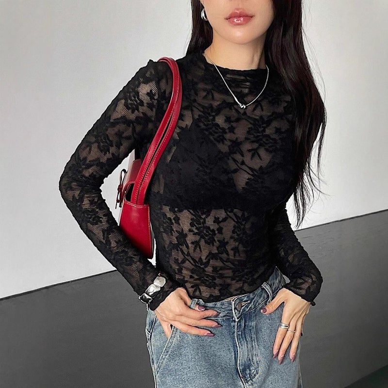 تيشيرت نسائي بياقة واقفة و دانتيل بأكمام طويلة ضيق - Image 2
