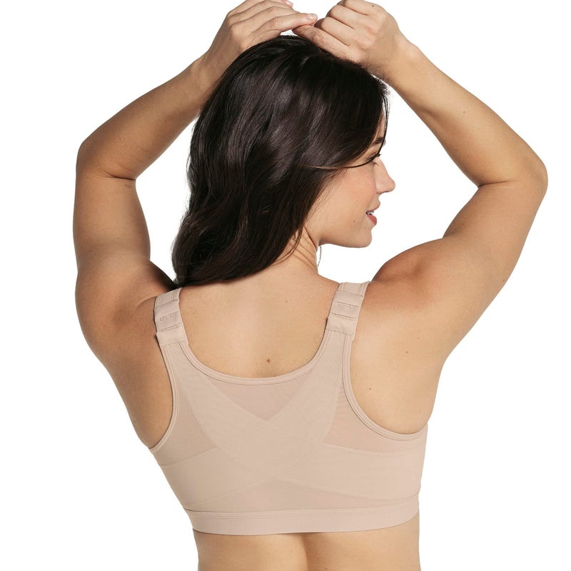 Leonisa Front Closure Posture Corrector Full Coverage Bra Wireless Back Support Bras for Women Beige