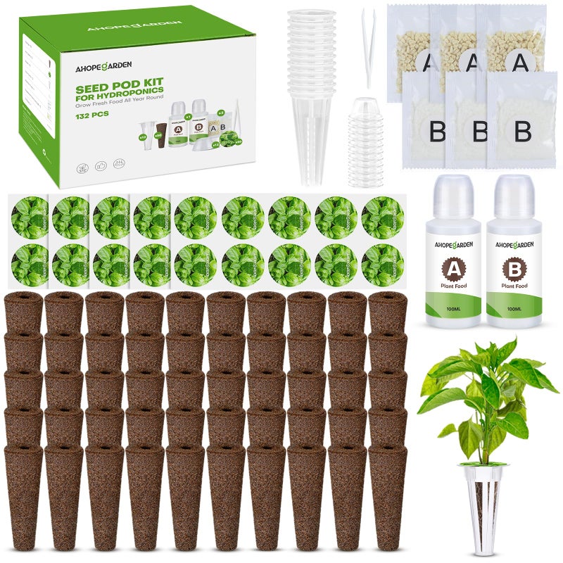 Ahopegarden 132pcs Hydroponic Pods Kit: Compatible with AeroGarden Herb Kits with 50 Grow Sponges, 50 Pods Lable, 12 Grow Baskets and Dome, 8 A&B Plant Food, Indoor Garden Kit Supplies for Most Brands - Image 1