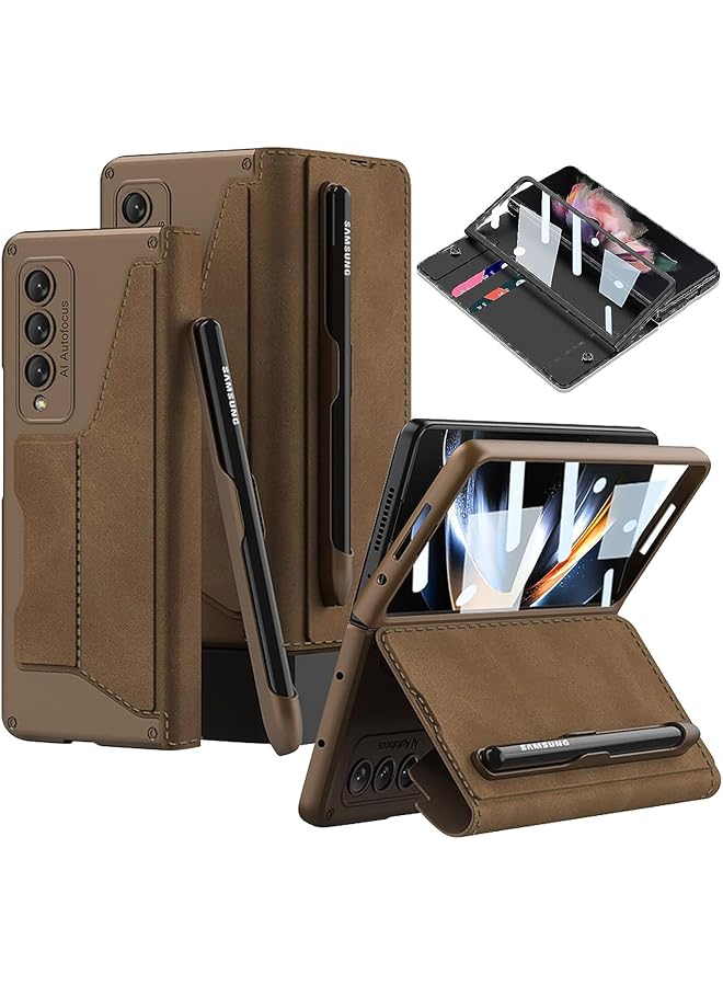 إيروريكس جراب قابل للطي متوافق مع هاتف Samsung Galaxy Z Fold5 مع حامل قلم قابل للفصل وفتحة بطاقة وواقي شاشة مقاوم للخدش، جراب محفظة واقٍ كامل الجسم باللون البني - Image 1