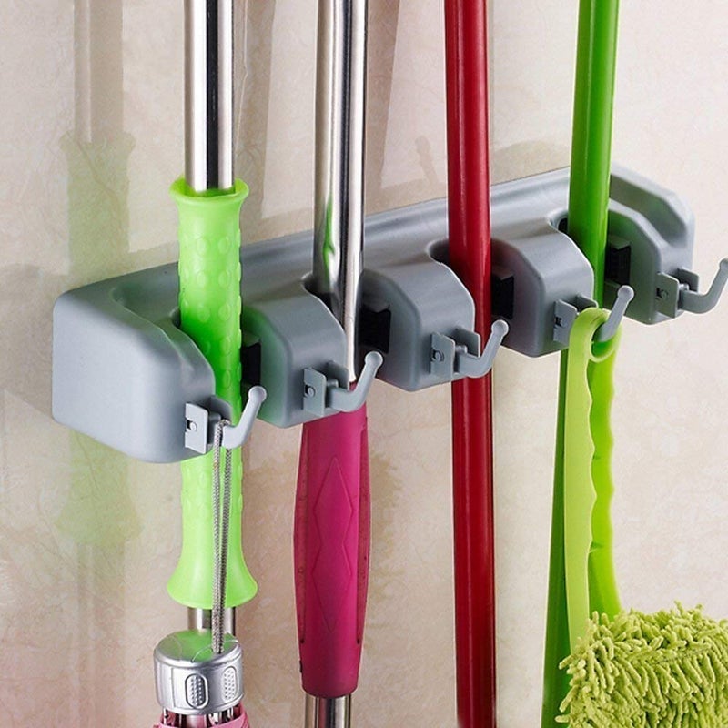 Siddhi Vinayak Creation Mopping supplies Multipurpose Wall Mounted Magic Mop and Broom Holder Organizer Storage Hooks for Kitchen Garden Grey Color 5 Slots with 6 Inbuilt Hanging Hooks