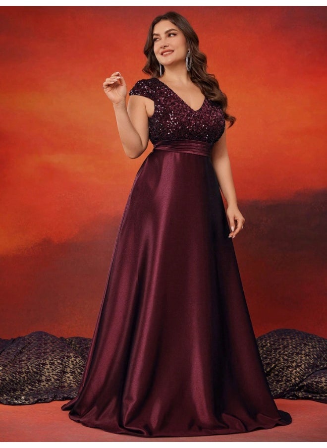 Burgundy Plus Size Short Sleeve Sequin V-Neck High Waist Evening Gown Dress