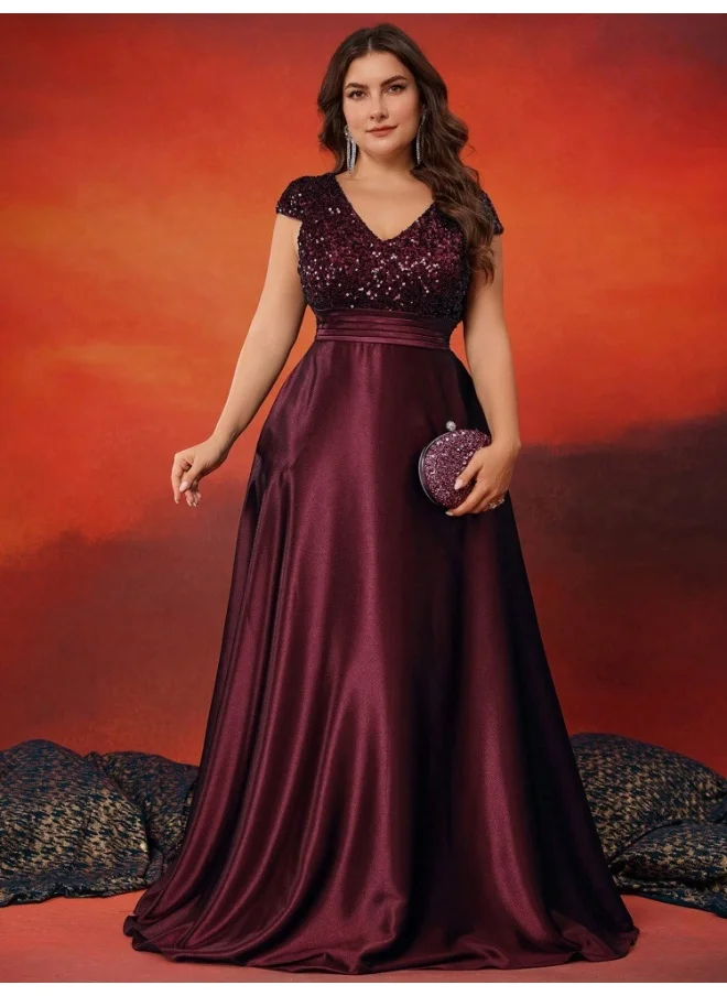 Madam Uniq Burgundy Plus Size Short Sleeve Sequin V-Neck High Waist Evening Gown Dress