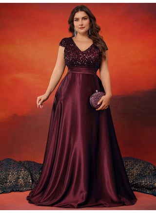 Burgundy Plus Size Short Sleeve Sequin V-Neck High Waist Evening Gown Dress - pzsku/Z268F801FC23CF8FC0E9EZ/45/1746219774/5f5025d8-8875-4af7-83db-5b921021a2e8