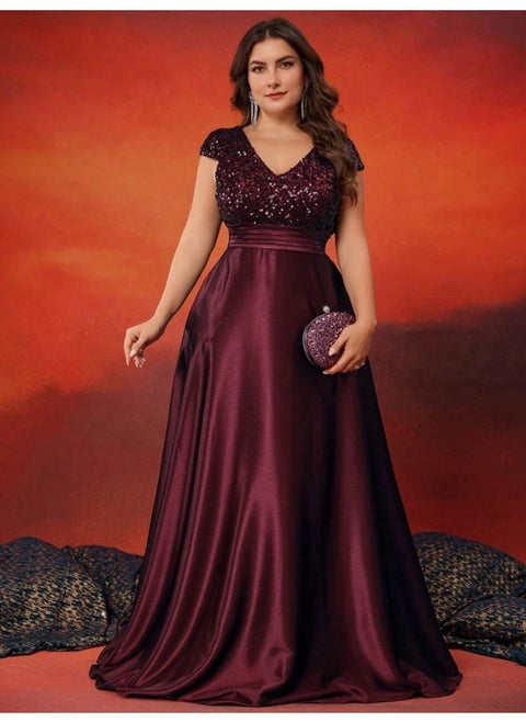 Burgundy Plus Size Short Sleeve Sequin V-Neck High Waist Evening Gown Dress