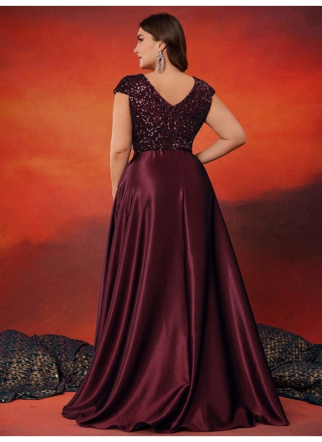 Burgundy Plus Size Short Sleeve Sequin V-Neck High Waist Evening Gown Dress
