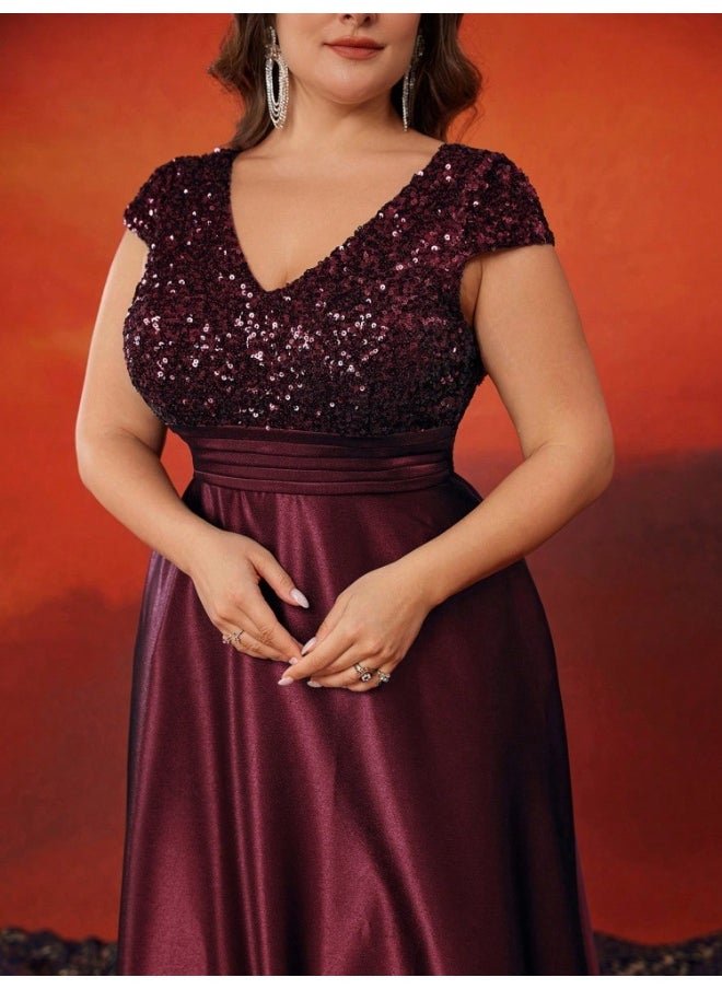 Burgundy Plus Size Short Sleeve Sequin V-Neck High Waist Evening Gown Dress