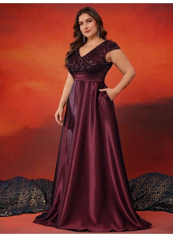 Burgundy Plus Size Short Sleeve Sequin V-Neck High Waist Evening Gown Dress