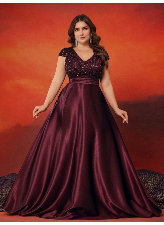 Burgundy Plus Size Short Sleeve Sequin V-Neck High Waist Evening Gown Dress