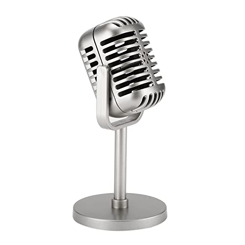 Facmogu Classic Retro Style Microphone Prop with Stand, Fake Vintage Microphone Decor for Party Decorations - Silver - Image 1