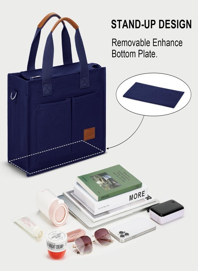 KKXIU Large Canvas Tote Bag for Women with Zipper and Compartments Crossbody Work Bible Messenger Purse Bag With Pockets - Navy Blue - Image 4