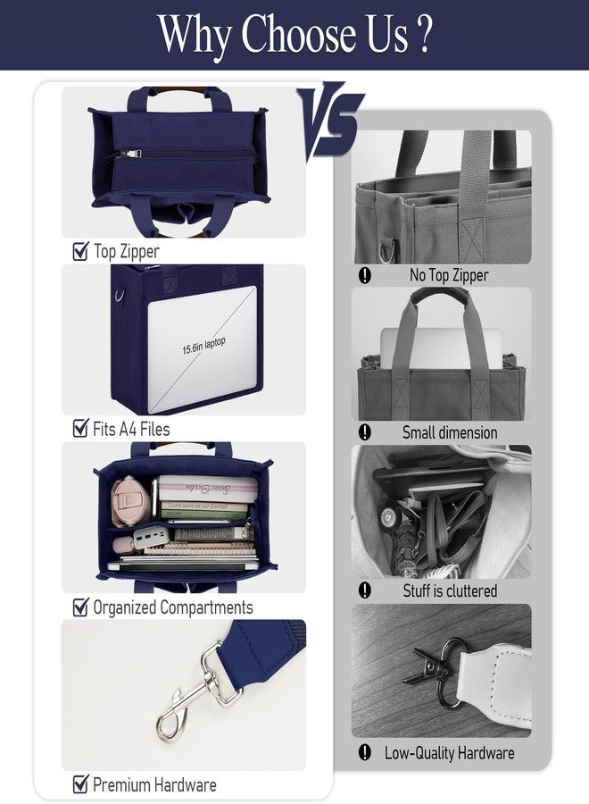 KKXIU Large Canvas Tote Bag for Women with Zipper and Compartments Crossbody Work Bible Messenger Purse Bag With Pockets - Navy Blue - Image 5