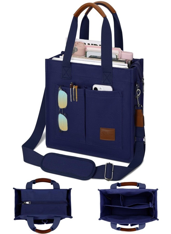 KKXIU Large Canvas Tote Bag for Women with Zipper and Compartments Crossbody Work Bible Messenger Purse Bag With Pockets - Navy Blue - Image 1