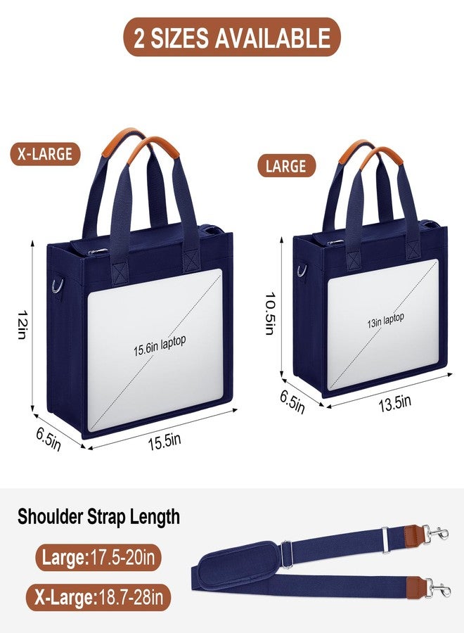 KKXIU Large Canvas Tote Bag for Women with Zipper and Compartments Crossbody Work Bible Messenger Purse Bag With Pockets - Navy Blue - Image 2