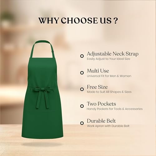 CRASOME Apron for Kitchen | Unisex Cooking Apron with 2 Pockets and Adjustable Straps | Apron for Chef, Hotel, Cafe, Restaurant, Gardening, Workshop (Green Pack of 2) - Image 2