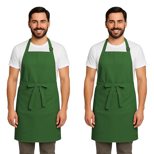 CRASOME Apron for Kitchen | Unisex Cooking Apron with 2 Pockets and Adjustable Straps | Apron for Chef, Hotel, Cafe, Restaurant, Gardening, Workshop (Green Pack of 2) - Image 1