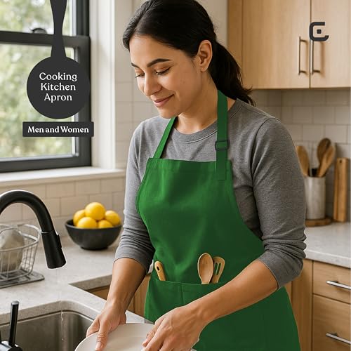 CRASOME Apron for Kitchen | Unisex Cooking Apron with 2 Pockets and Adjustable Straps | Apron for Chef, Hotel, Cafe, Restaurant, Gardening, Workshop (Green Pack of 2) - Image 5