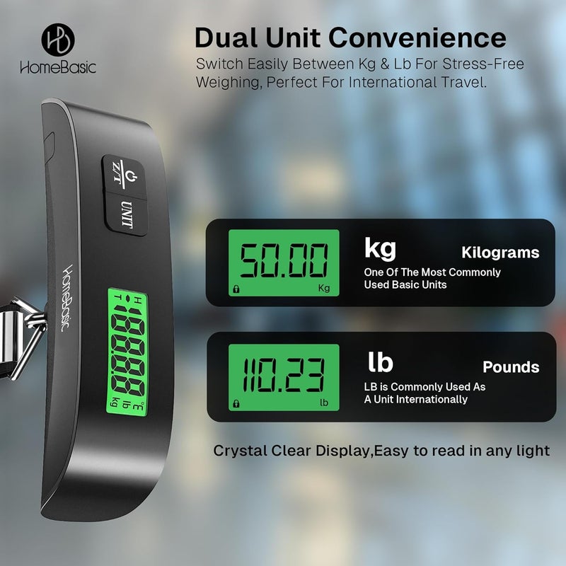 Home Basic ميزان أمتعة إلكتروني محمول رقمي مع حزام خطاف | آلة وزن رقمية مع شاشة LCD | سعة 50 كجم للأمتعة والحقائب، مثالي للسفر، المنزل، استخدام المتاجر (HB-LS300) - Image 3