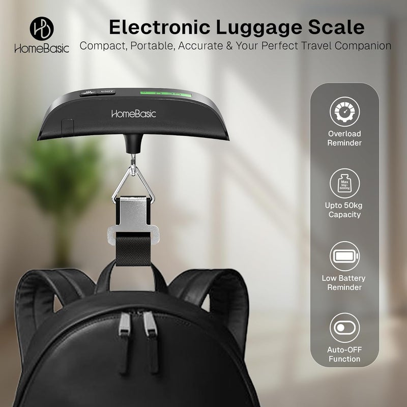 Home Basic ميزان أمتعة إلكتروني محمول رقمي مع حزام خطاف | آلة وزن رقمية مع شاشة LCD | سعة 50 كجم للأمتعة والحقائب، مثالي للسفر، المنزل، استخدام المتاجر (HB-LS300) - Image 2
