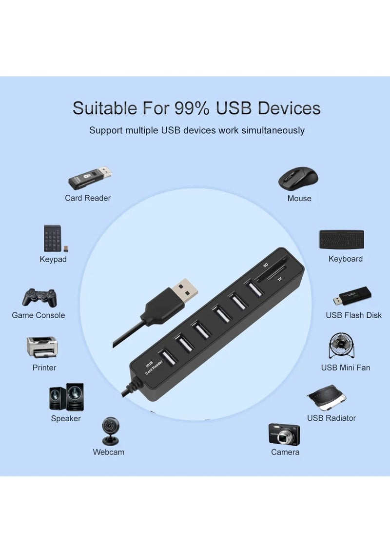 Combo - COMBO USB Hub Card Reader , 3 *Ports USB 2.0 Hub - SD / TF Micro SD Card Reader - 480Mbps High Speed - Up To 1TB  for iMac & Notebook | Black - Image 1