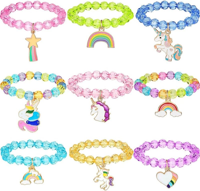 Colorful Unicorn Bracelet, Girls Unicorn Bracelets Rainbow Unicorn Beaded Bracelet Acrylic Bracelet for Birthday Party Favors Pretend Play Friendship Jewelry Dress Up Game Props, 9 Pieces - Image 1