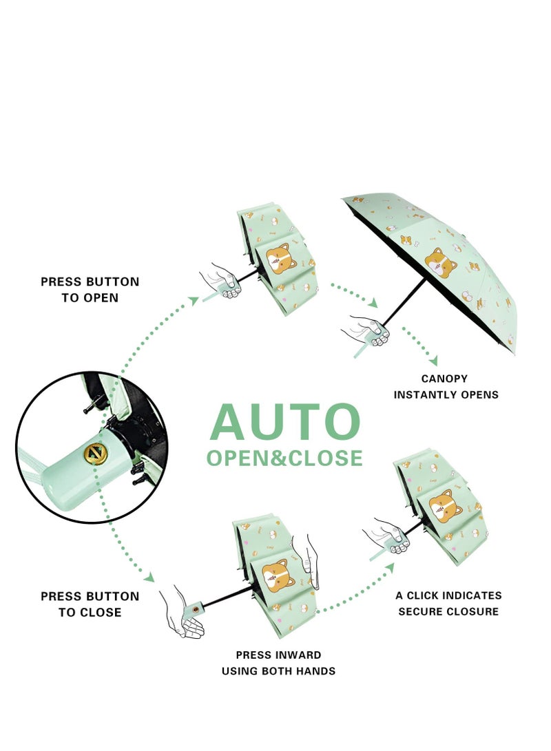 SOLARAE Automatic Windproof Golf Umbrella with UV Protection, Double Canopy Vented Design, Cartoon Corgi Print, Travel-Friendly Stick Umbrella (Diameter 85cm, Light Green) - Image 1