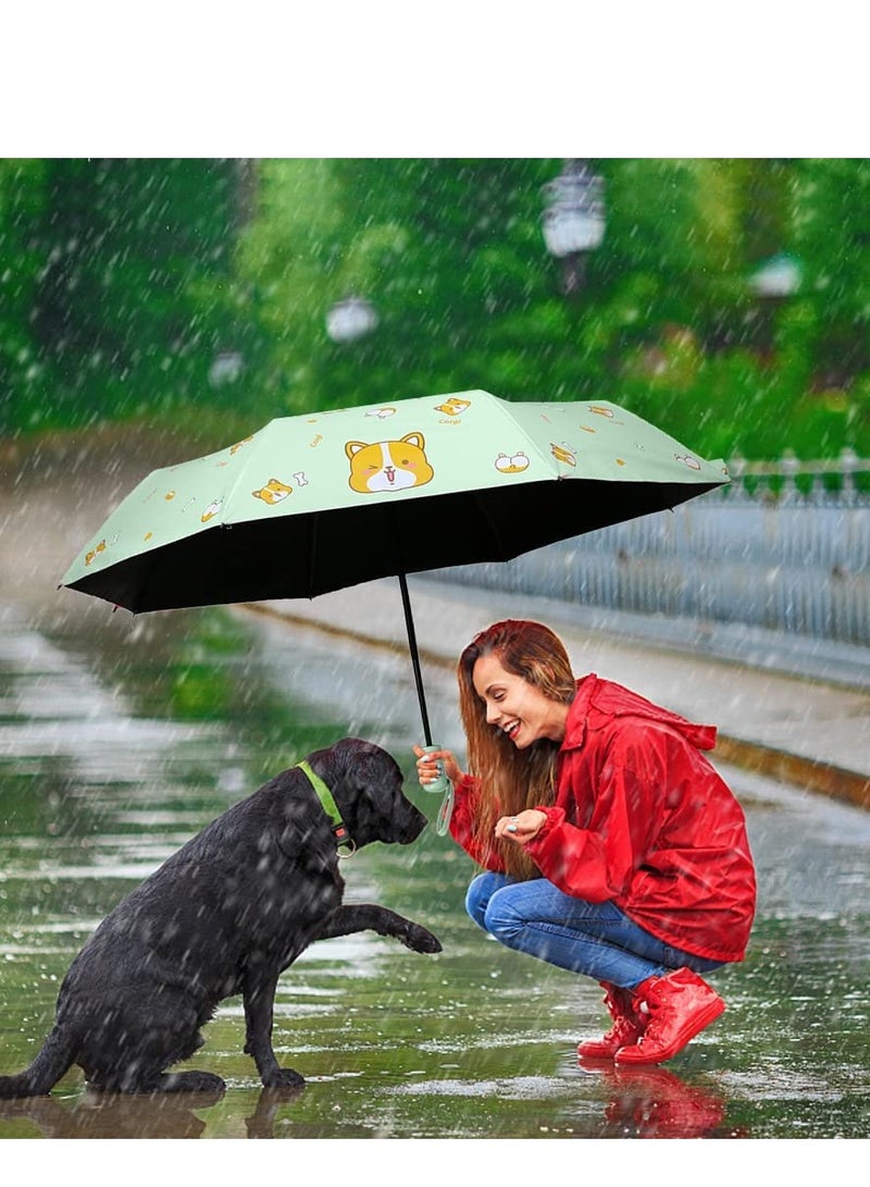 SOLARAE Automatic Windproof Golf Umbrella with UV Protection, Double Canopy Vented Design, Cartoon Corgi Print, Travel-Friendly Stick Umbrella (Diameter 85cm, Light Green) - Image 4