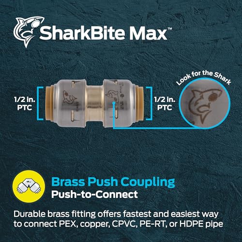 SharkBite Max 1/2 Inch Coupling, Push to Connect Brass Plumbing Fitting, PEX Pipe, Copper, CPVC, PE-RT, HDPE, UR008A - Image 2