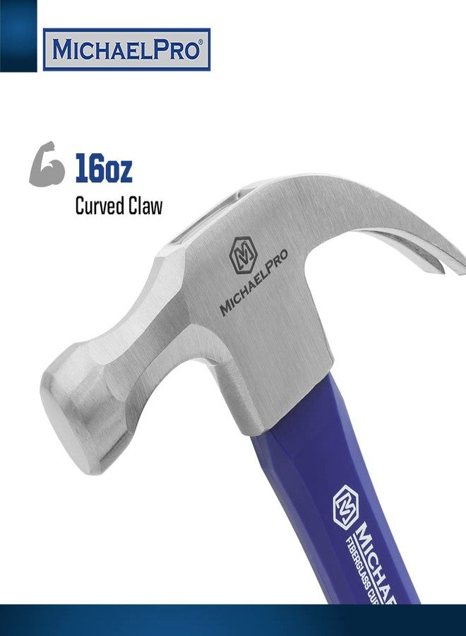 MichaelPro 16oz Curved Claw Hammer, Fiberglass Handle, High Carbon Steel Head, Anti Slip Shock-Absorbing Design, Ergonomic Comfortable Grip, Enhanced Leverage for Nail Pulling. Ideal for DIY, Camping - Image 2