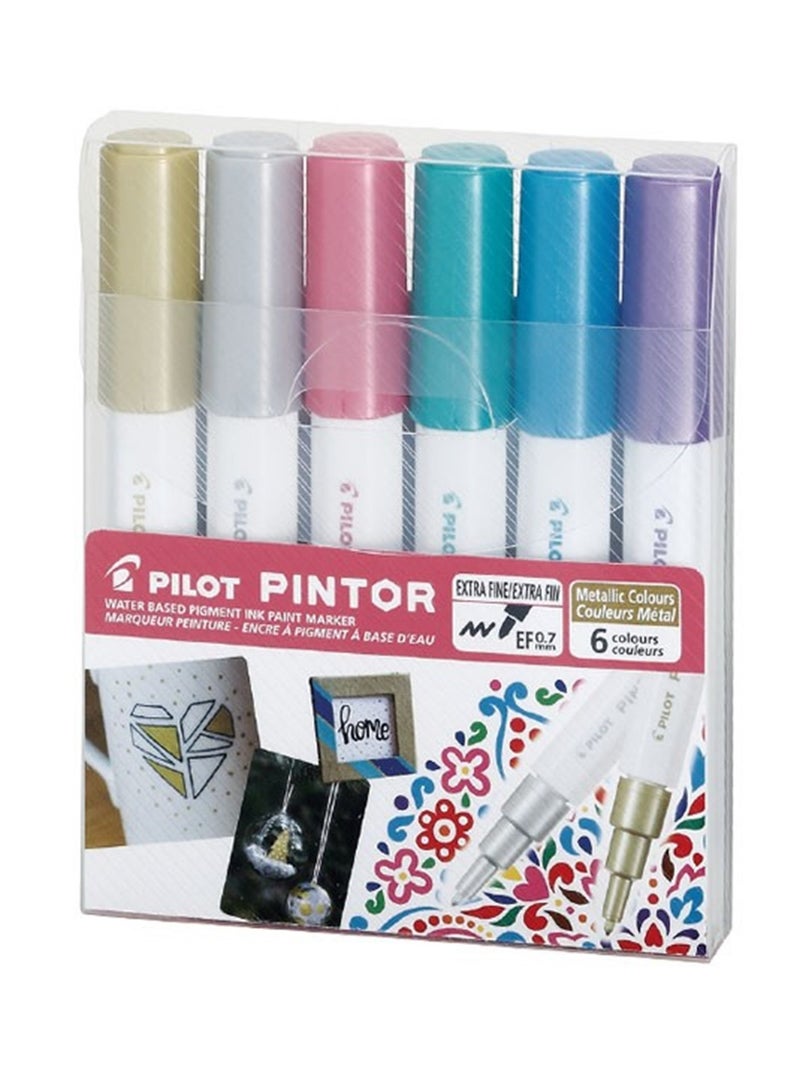 PILOT 6-Piece Pintor Water Based Paint Marker Extra Fine 0.7mm Tip Metallic Colours - Image 1