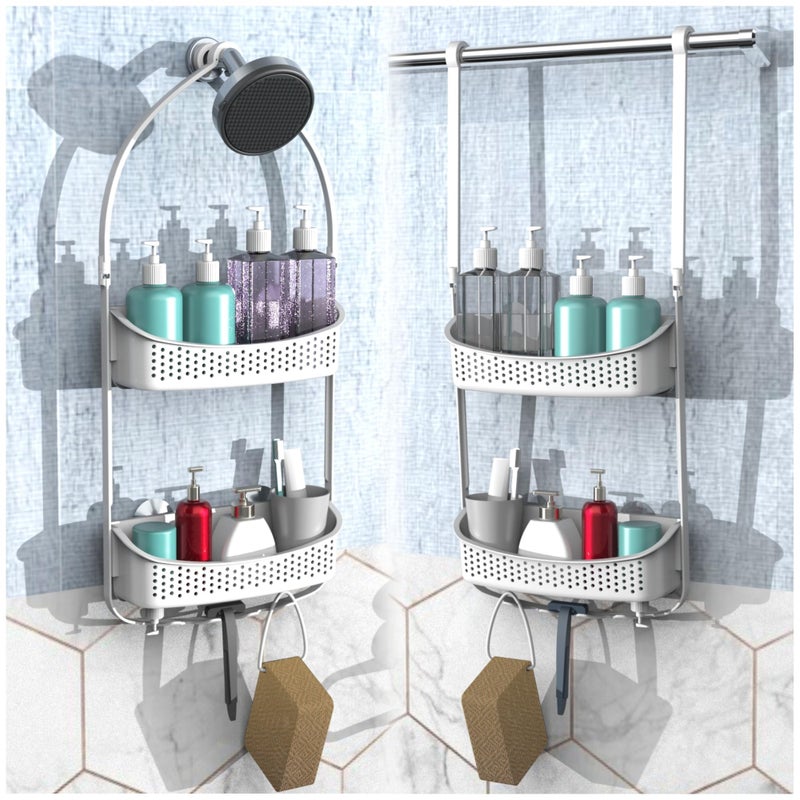 EMT ETRENDS Shower Caddy Hanging AntiSwing Over Head Shower CaddyPlastic Bathroom Organizer Multiple Hanging Modes Shelf with Suction CupsWhite