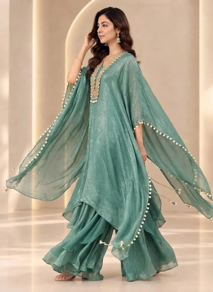 Viny VINY Turquoise 3-Piece Embroidered Kaftan Suit Set – Women's Indian Ethnic Wear