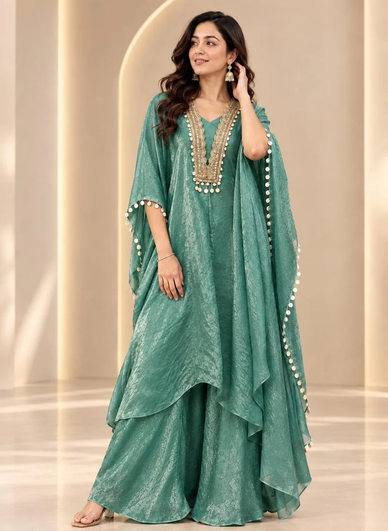 Viny VINY Turquoise 3-Piece Embroidered Kaftan Suit Set – Women's Indian Ethnic Wear