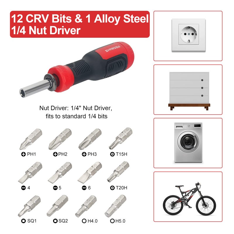 SHARDEN Multi Screwdriver 13-in-1 Screw Driver Adjustable Screwdriver Set Multitool All in One with Torx Security, Flat Head, Phillips, Hex, Square and 1/4 Nut Driver - Image 2