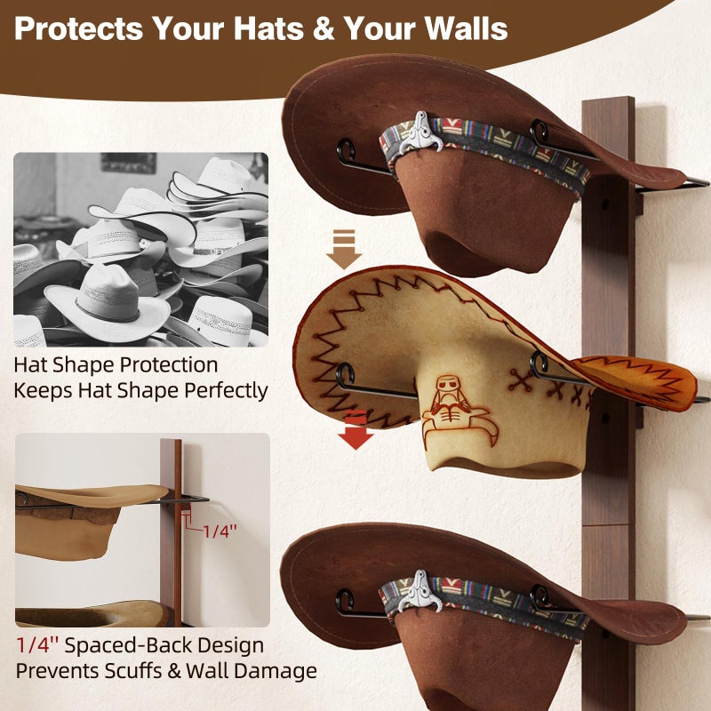 TIPSYTREE Cowboy Hat Holder, 3-Piece Wall Mount Cowboy Hat Rack for Wall Holds up to 6 Hats â€“ Wooden + Metal Rustic Western DIY Hat Racks for Wall Storage and Home DÃ©cor - Image 2